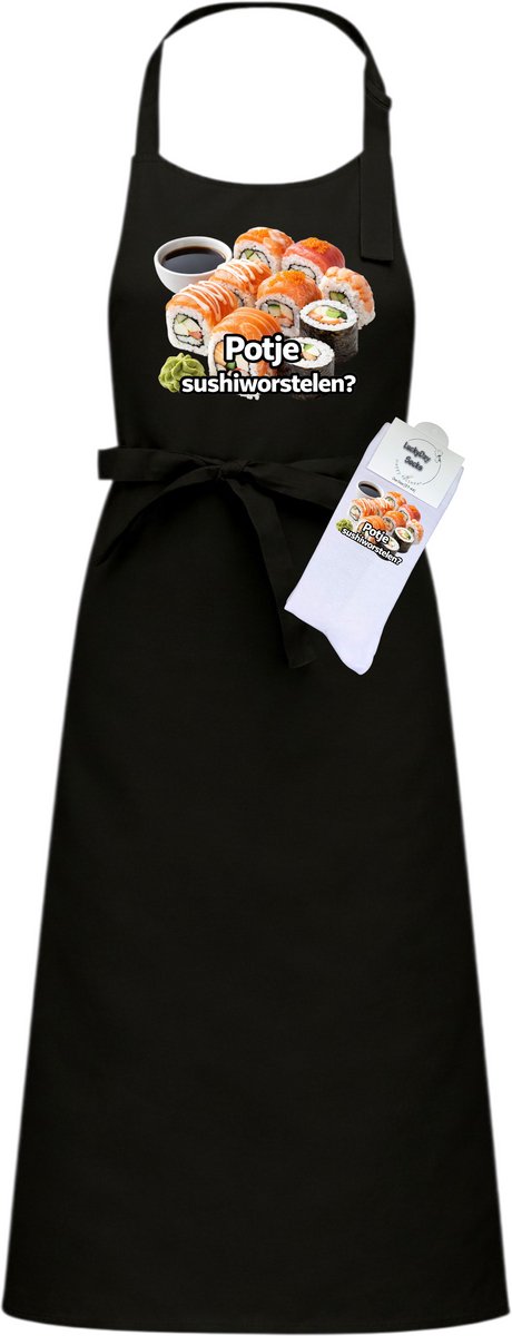 Luxe Hobby Keukenschort en sokken met tekst - Cadeau set - Sushiworstelen - Pensioen cadeau - Zwart - Verstelbaar - Cadeau idee - Verjaardag cadeau - Cadeau dames en heren - Moederdag - Vaderdag - Afscheid - Kerst cadeau - Grappig cadeau - Onesize
