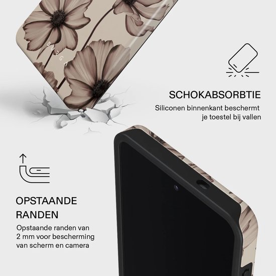 Telefoonhoesje met bloemenprint. Met de tekst 'SCHOKABSORBTIE' en 'OPSTAANDE RANDEN'.