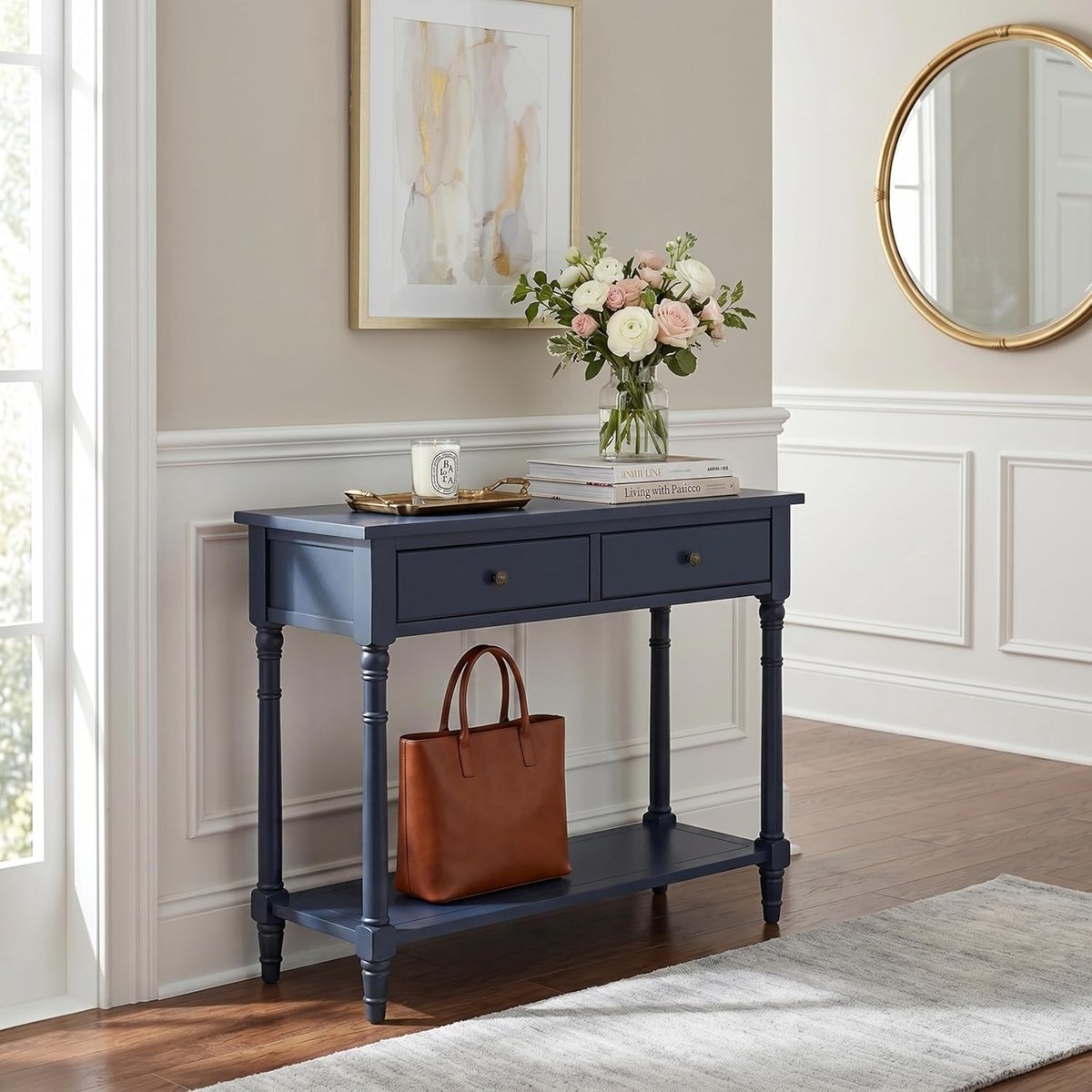 Consoletafel Massief Hout 90 x 35 x 76,5 cm met 2 Laden en Open Legplank – Smalle Haltafel / Banktafel / Gangtafel in blauw met Gereedschapsloze Montage – – Dader