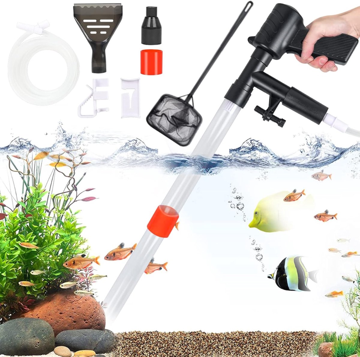 HEZIVO® Aquarium Stofzuiger Bodemreiniger - Schoonmaakset - Met Algenschraper - Grindreiniger