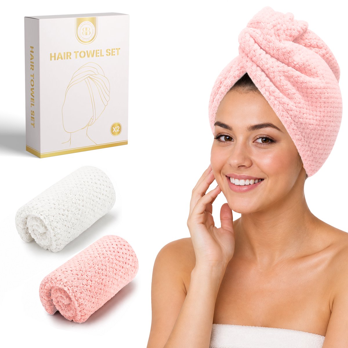 BeBliss Haarhanddoek - Set van 2 - Hair Towel - Sneldrogend - Microvezel - Roze & Wit