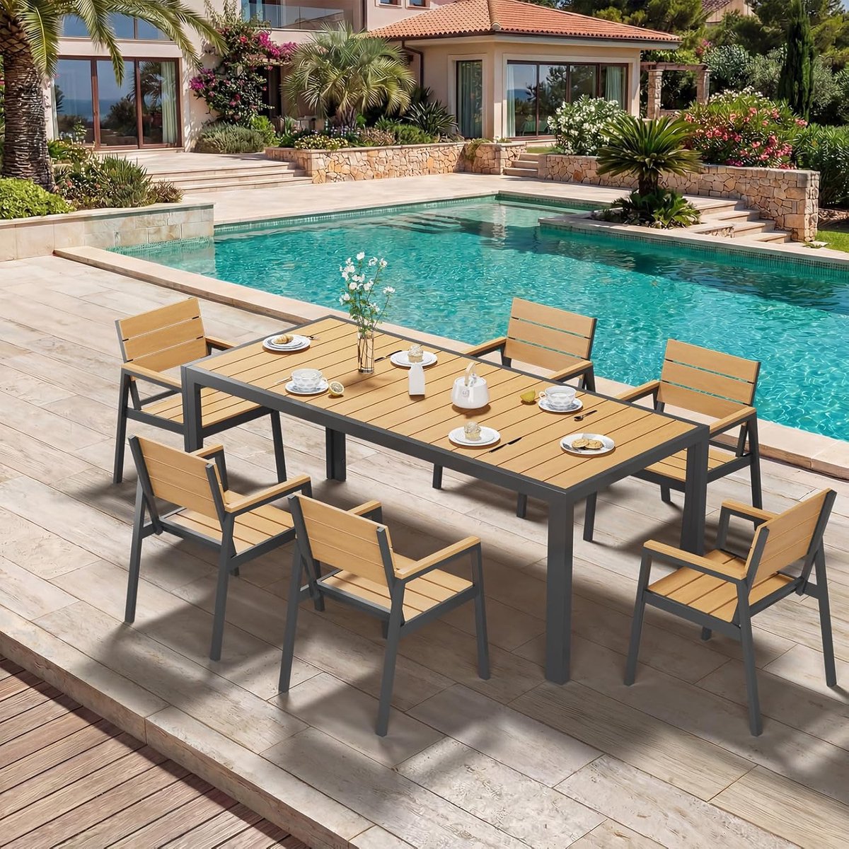 Tuinmeubelset 7-delig Aluminium 189 cm Tuintafel + 6 Tuinstoelen met Armleuningen – Houtlook/Teak Kleur Weerbestendig Onderhoudsvrij – Luxe Tuinset voor 6 Personen Terras Balkon Buiten – HomebyNicole