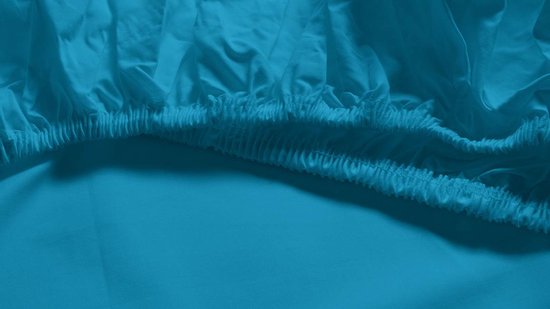 Détail de l'élastique d'un drap-housse turquoise.