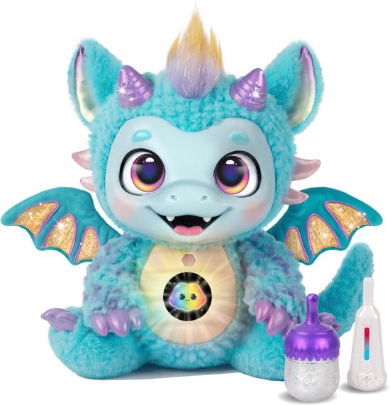 Knuffelbare, turquoise draak Skye met paarse hoorntjes, glinsterende vleugels en lichtgevende buik. Inclusief flesje en thermometer.
