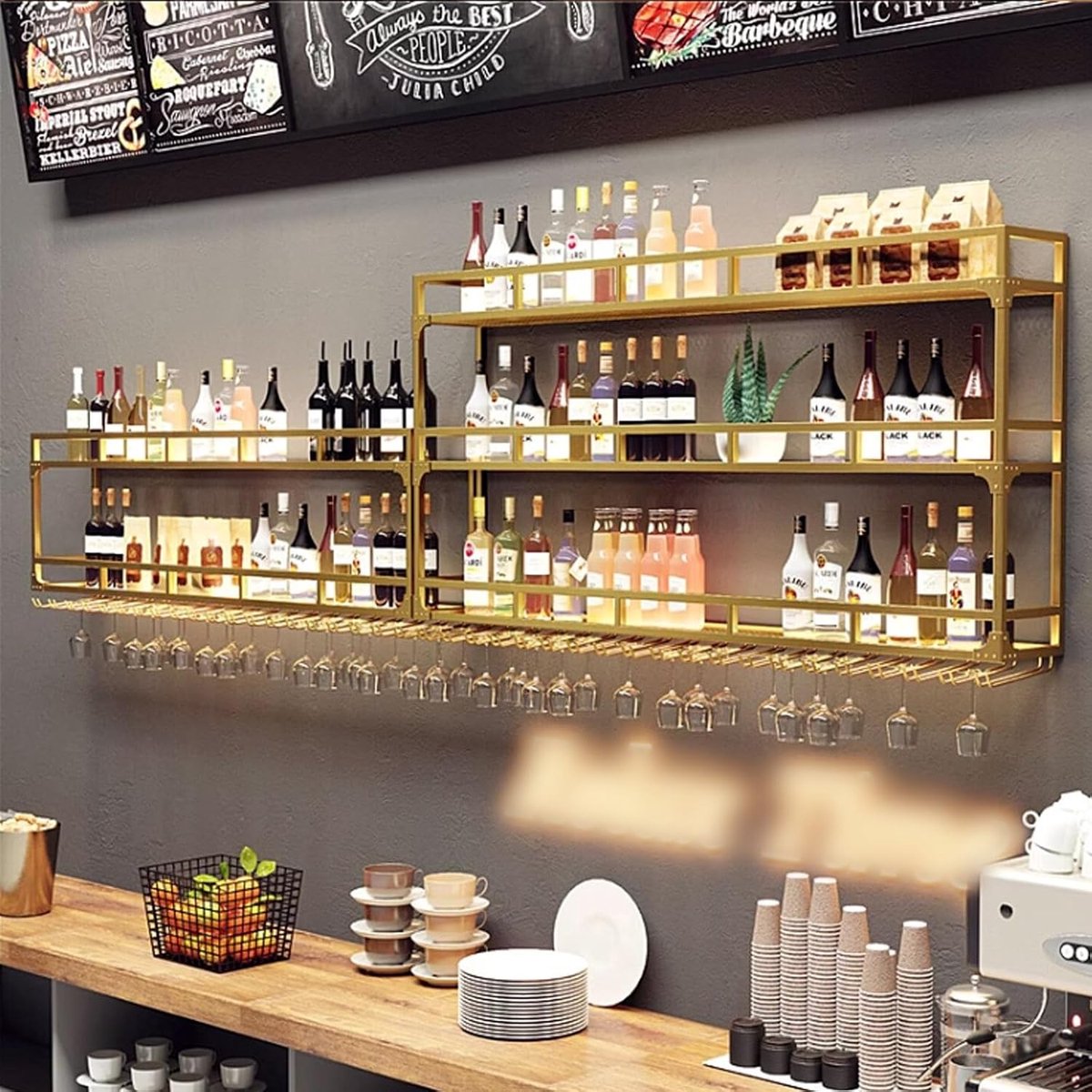Wandgemonteerd LED Wijnrek met Glashouder en Zwevende Planken – Modern Industriëel Wand Wijnrek voor Wijnflessen Opbergen – Luxe Keuken, Bar & Eetkamer Decor – HomebyNicole