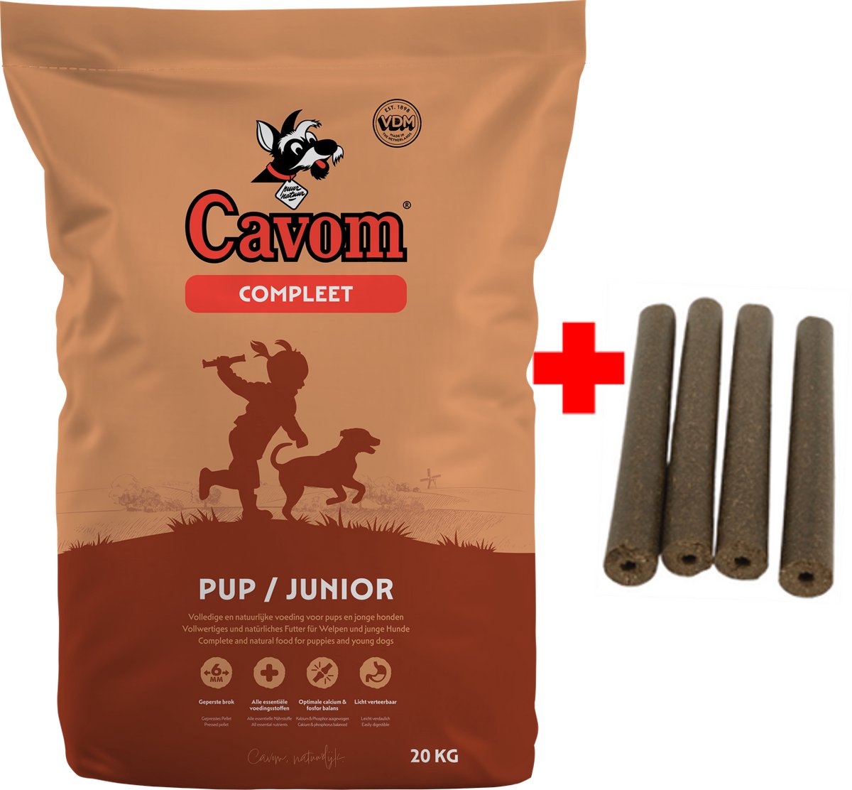Cavom compleet Pup/Junior - geperste brokken - 20kg + 4x gratis Frikandel