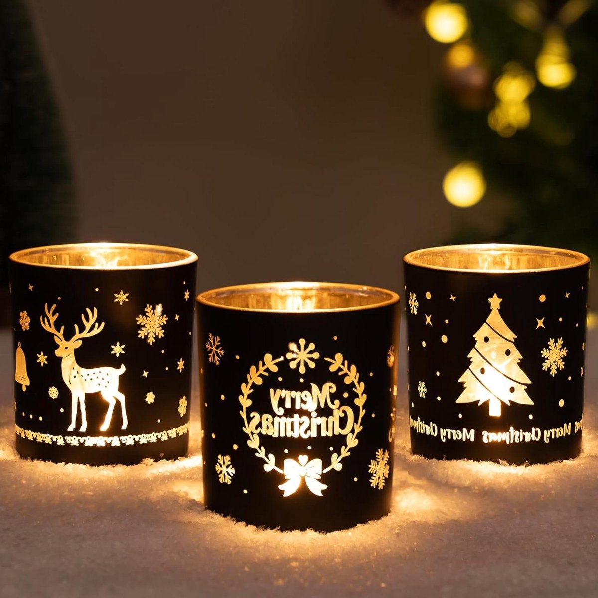 Theelichthouders Set - Kerst Kandelaars - Feestelijke Decoratie - Luxe Zwart-Goud - Set van 3 - Zwart Goud