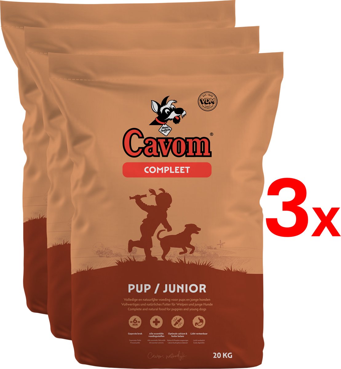 Cavom compleet Pup/Junior - geperste brokken - 3x 20 kg