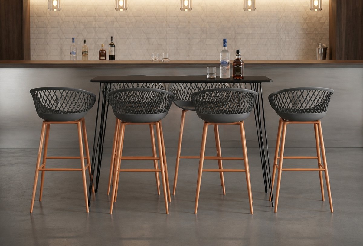 Luxe 7-delige Barset met Ronde Bartafel en 6 Ergonomische Barkrukken – Modern Industrieel Design, MDF Tafelblad & Stalen Frame – Zwart/Grijs | Ganeey