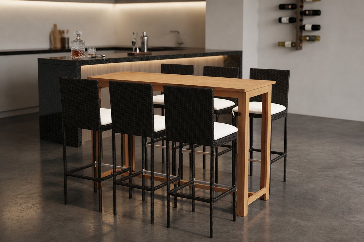 Luxe 7-delige Tuinbarset met Kussens en Acaciahouten Tafel – Weerbestendige Rotan Barset voor Buiten, Terras en Balkon – Elegant & Comfortabel | Ganeey