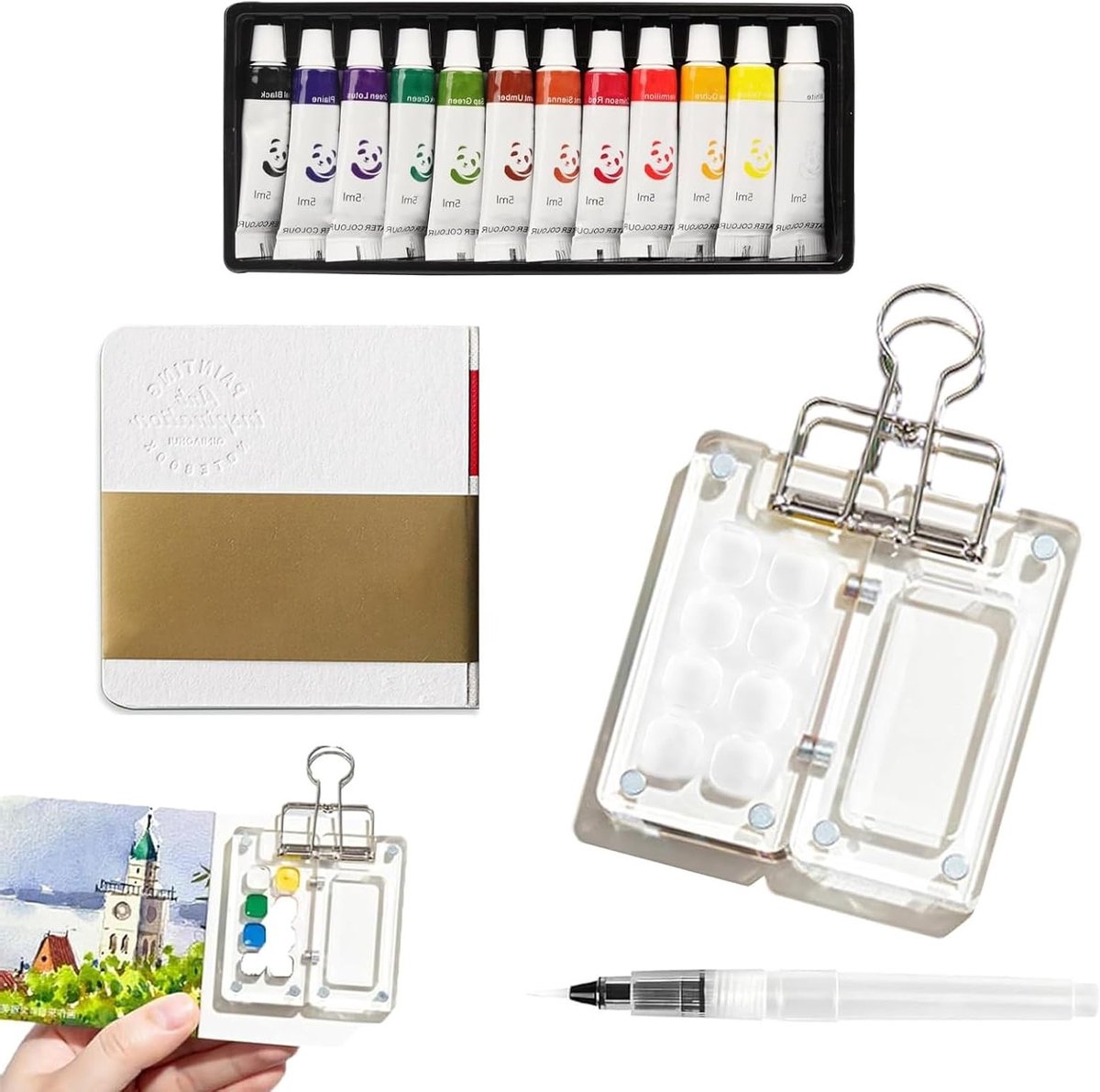 Draagbare Mini Waterverf Set met 12 Kleuren en 8 Rasters, Ideaal voor Studenten en Kunstenaars, Inclusief Bevestigingsclips en Transparante Palette