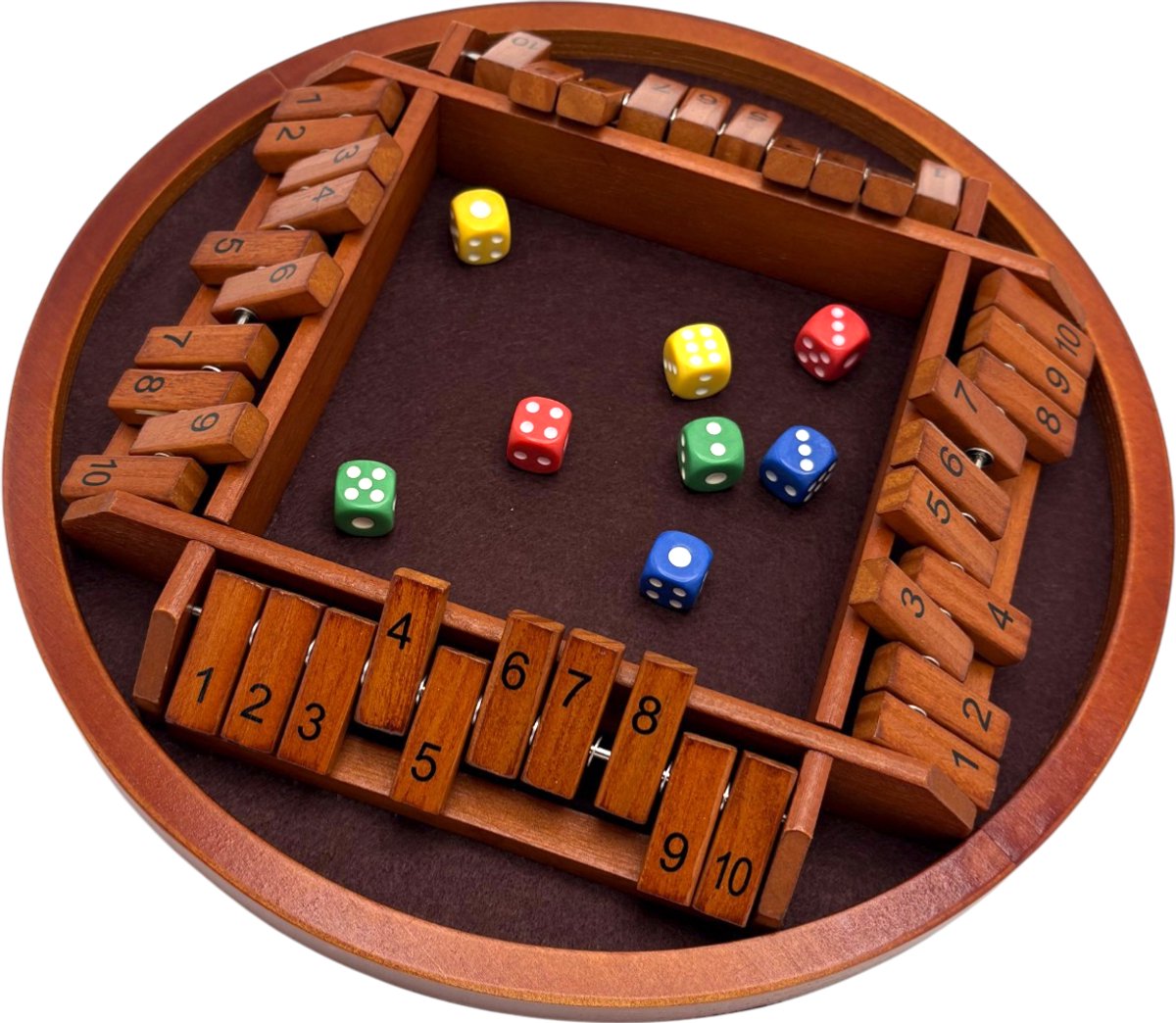 Flero Shut The Box Premium 2.0, Houten Dobbelspel, Klepspel - 4 Spelers Rond Bordspel met Donker Gelakt Mahonie en 8 Gekleurde Dobbelstenen - Tactiek- en Rekenspel voor Volwassenen, Kinderen en Borrels vanaf 3 Jaar (Bruin)
