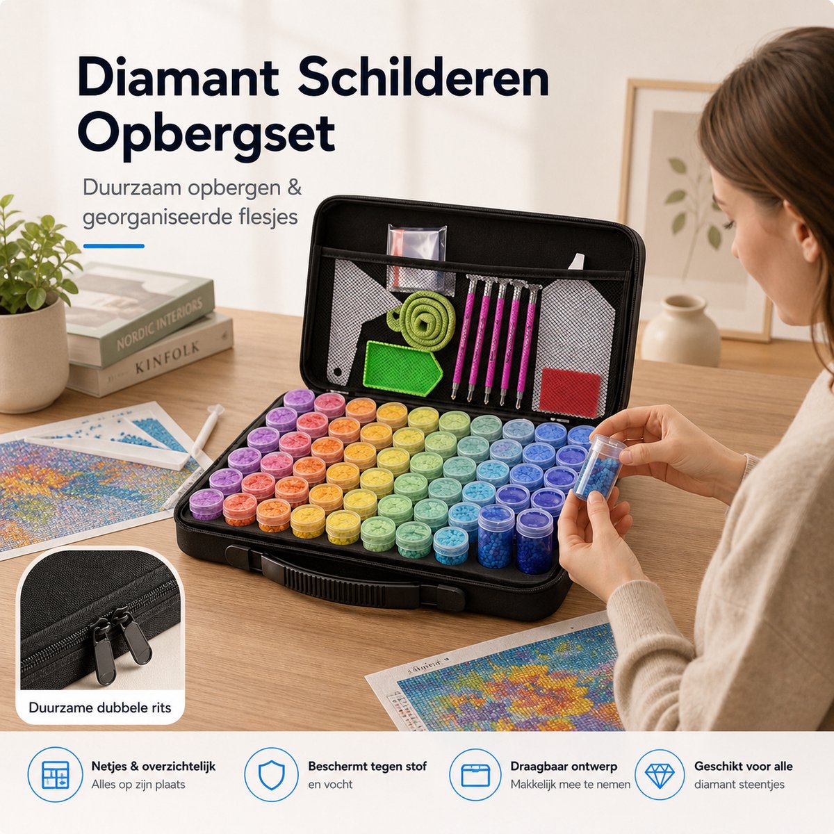 BOTC Diamond Painting Opbergdoos - 60 Potjes - 90 Delig Sorteerdoos set Incl. Toolkit - Zwart — afbeelding 7