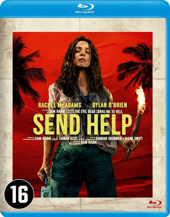 Rachel McAdams houdt een brandende fakkel vast tegen een rode achtergrond met palmbomen. De titel "Send Help" staat centraal.
