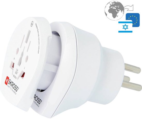 Witte SKROSS reisadapter met wereldwijd stopcontact, Europese stekker en vlaggen van EU en Israël.