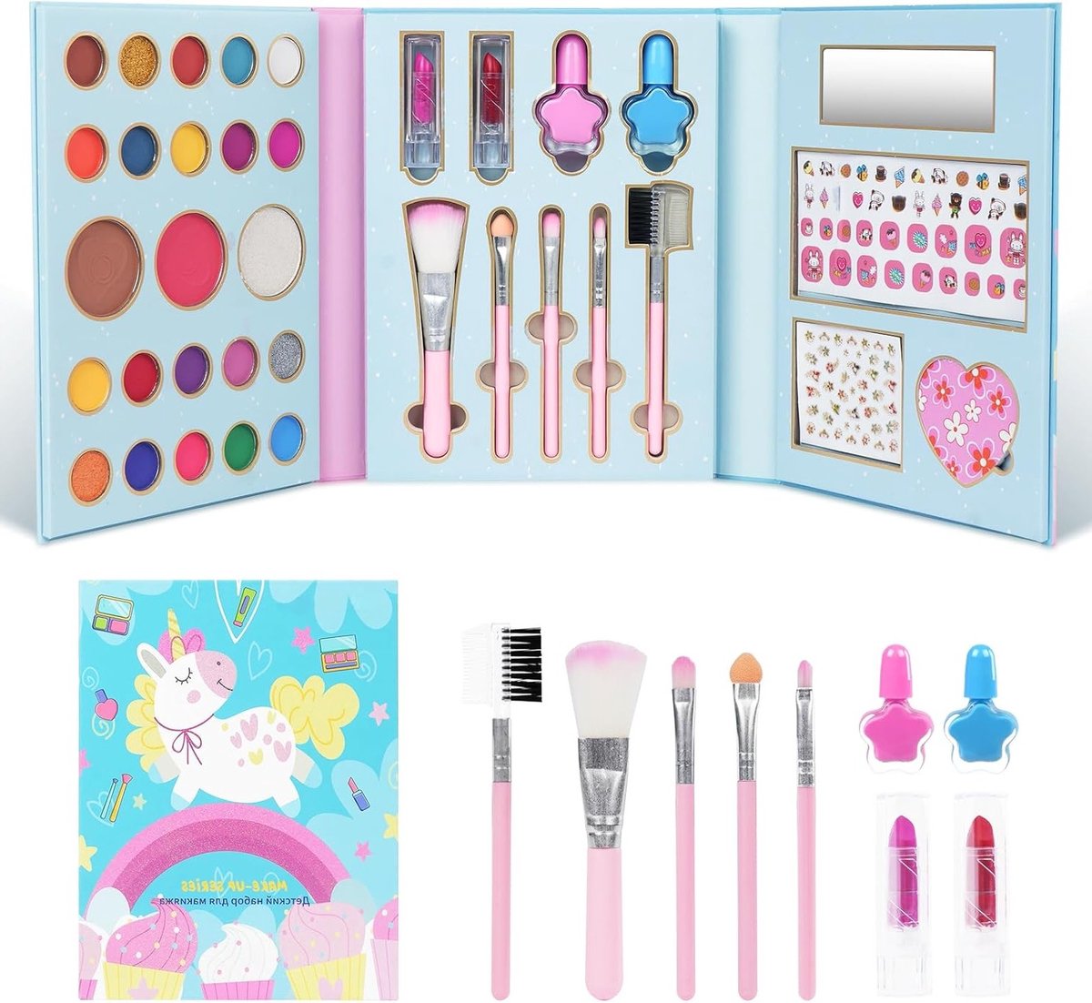 Kleurrijke Make-up Set voor Kinderen met 23 Kleuren, Inclusief Borstels, Stickers en Spiegel, Veilige en Wasbare Cosmetica voor Meisjes als Cadeau
