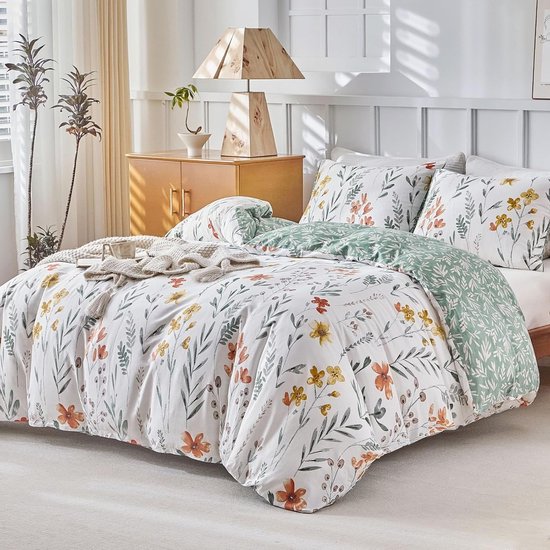 Housse de couette 220x240 en coton avec 2 taies d'oreiller 65x65cm en blanc/vert, parure de lit de luxe