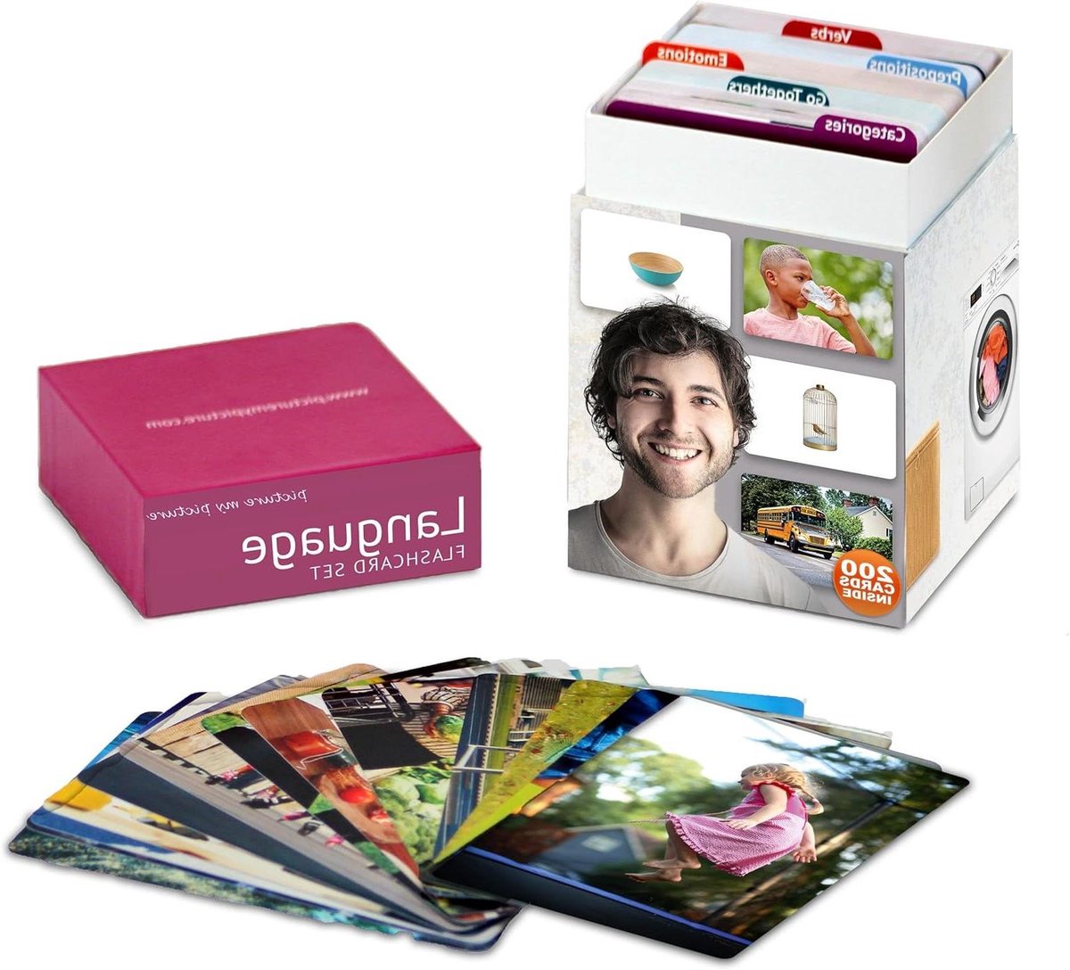 Taal Flashcards Set - Woordenschat Kaarten - Taalontwikkeling Stimuleren - 200 Realistische Foto's - 200 Stuks - Meerdere Kleuren