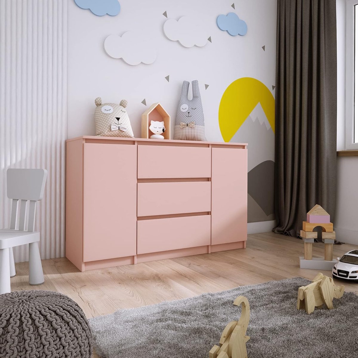 2-door chest of drawers 3 drawers L: 120 cm, H: 78 cm, D: 40 cm, Color: PINK, nursery wardrobe, baby chest of drawers, storage