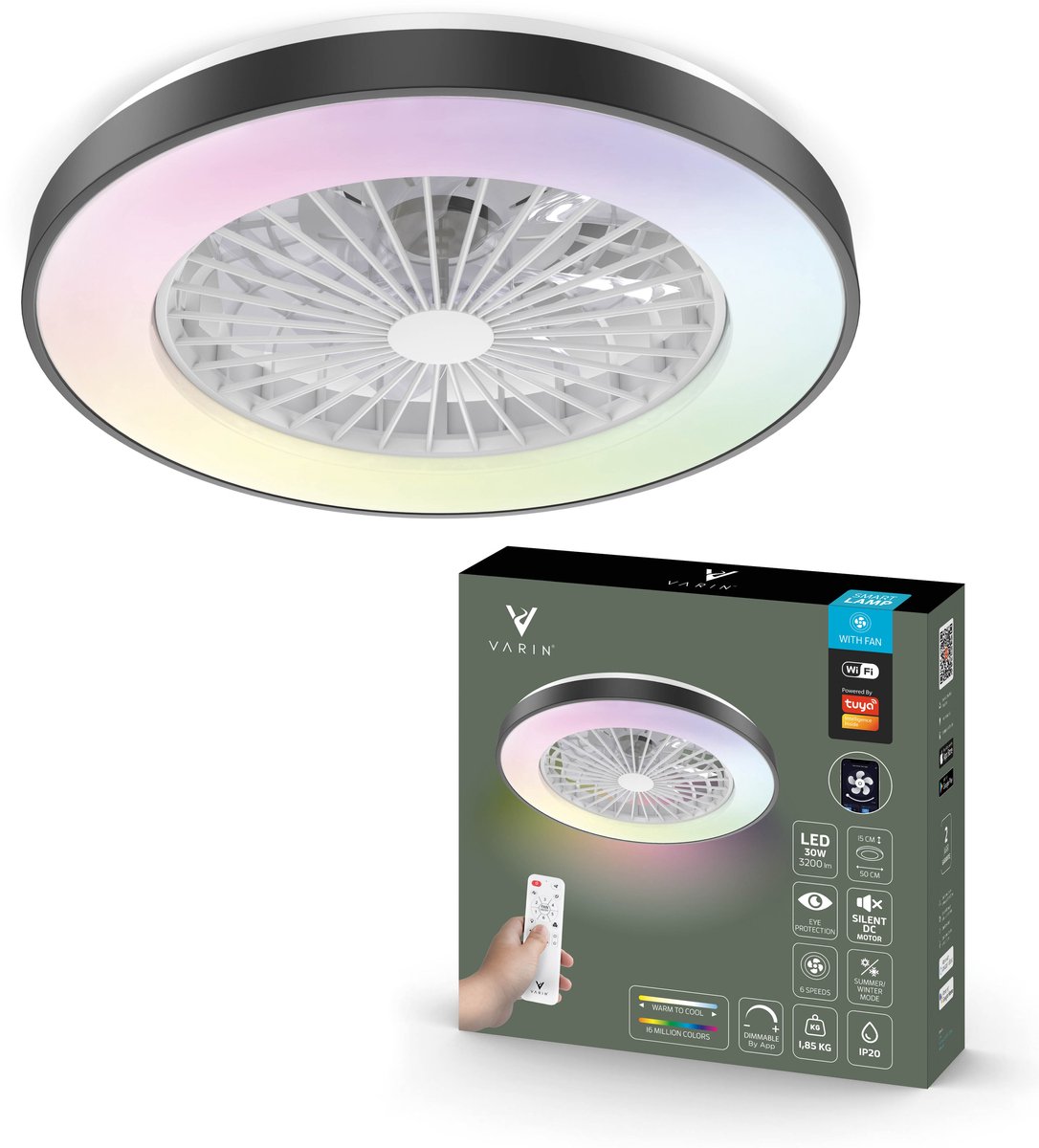 Bol.com Varin® Plafondventilator met verlichting - Zwart - Tuya Wifi - LED 30W RGBW - Ø 50cm - Super stil - Afstandsbediening sm... aanbieding