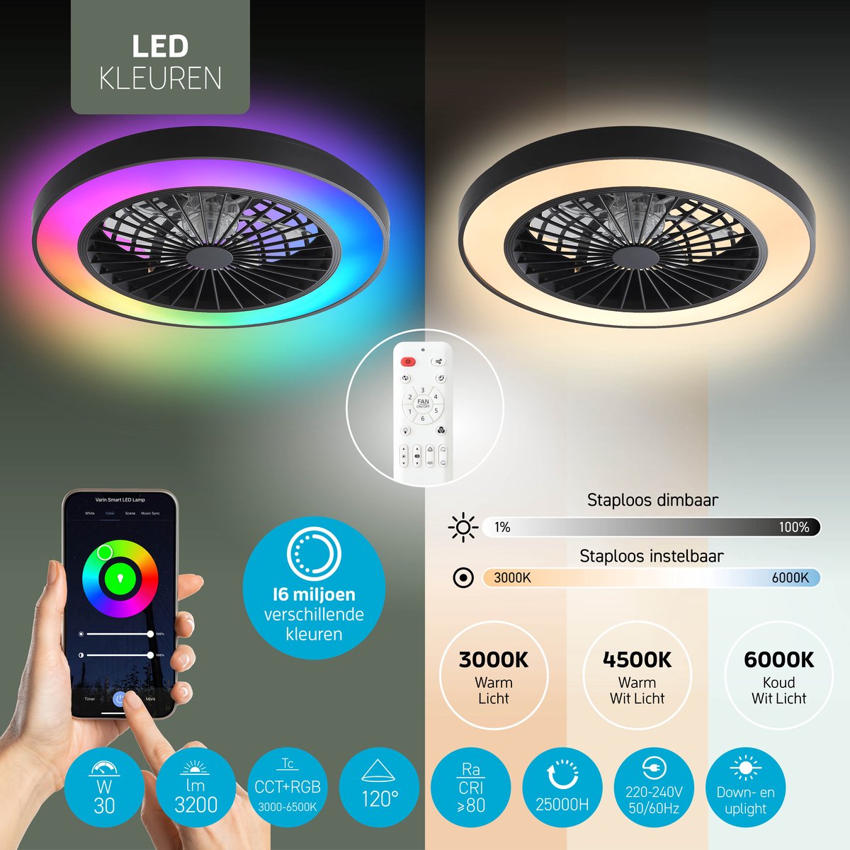 Varin® Plafondventilator met verlichting - Zwart - Tuya Wifi - LED 30W RGBW - Ø 50cm - Super stil - Afstandsbediening smart lamp - Plafondlamp slaapkamer - Plafonniere woonkamer - Plafondlampen - Plafond lamp - Verlichting kinderkamer - Ventilator thumbnail 4