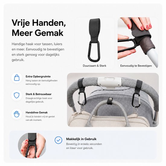 Zwarte BOTC haken bevestigd aan een kinderwagen, met tassen eraan, en demonstratie van bevestiging.