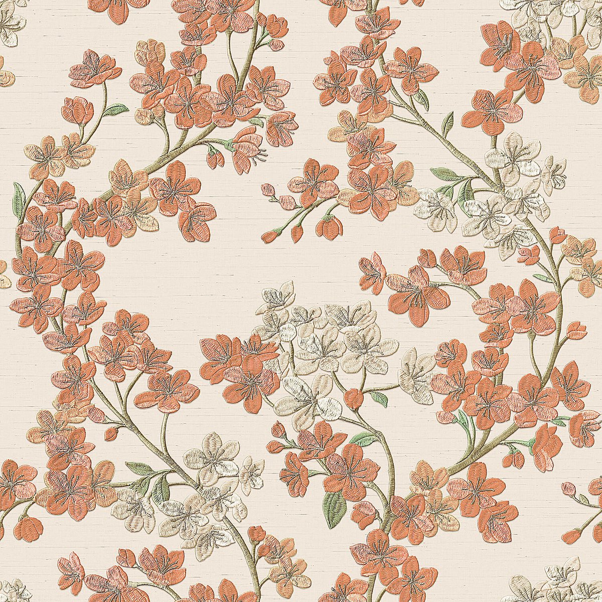 Bloemen behang Profhome GR322202-DI vliesbehang hardvinyl warmdruk in reliëf gestempeld met bloemmotief glinsterend beige zalmoranje lichtgroen parelwit 5,33 m2