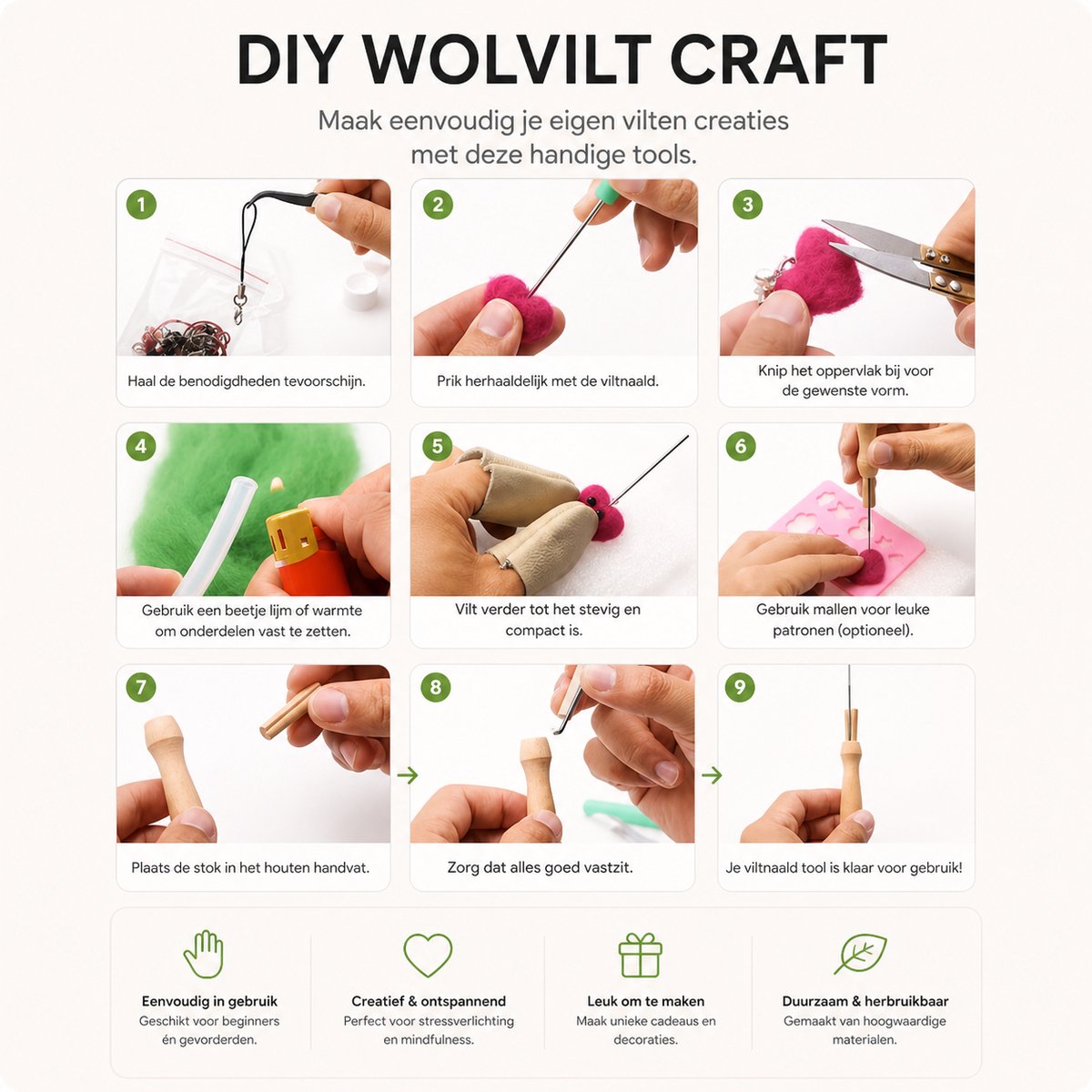 BOTC Naaldvilten - 45-Delig Starterset - Incl. Tools - Needle felting - Pakket - Gekaarde wol - Viltnaalden — afbeelding 4
