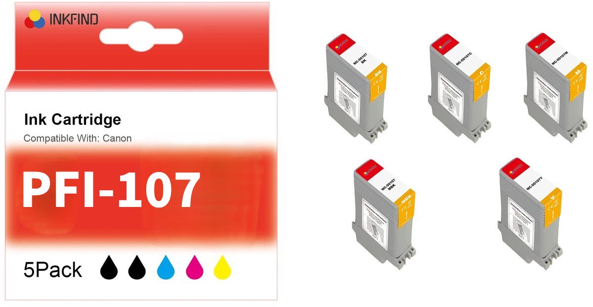 INKFIND PFI-107 inkt cartridge van 5 stuks multipack (Zwart, Mat Zwart, Cyaan, Magenta, Geel) geschikt voor PFI107 PFI-107 Canon imagePROGRAF IPF670, 680, IPF770, 780, IPF685, 785, IPF670 L24, IPF670, IPF680, IPF770, L36, IPF780 M40, IPF780, IPF785
