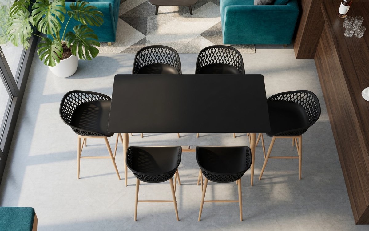 5-Delige Moderne Barset Zwart - Keukentafelset MDF + 4 Barkrukken PP Mesh Rugleuning - Metalen Poten Houtlook - Ruimtebesparend voor Thuis & Kantoor - Ganeey