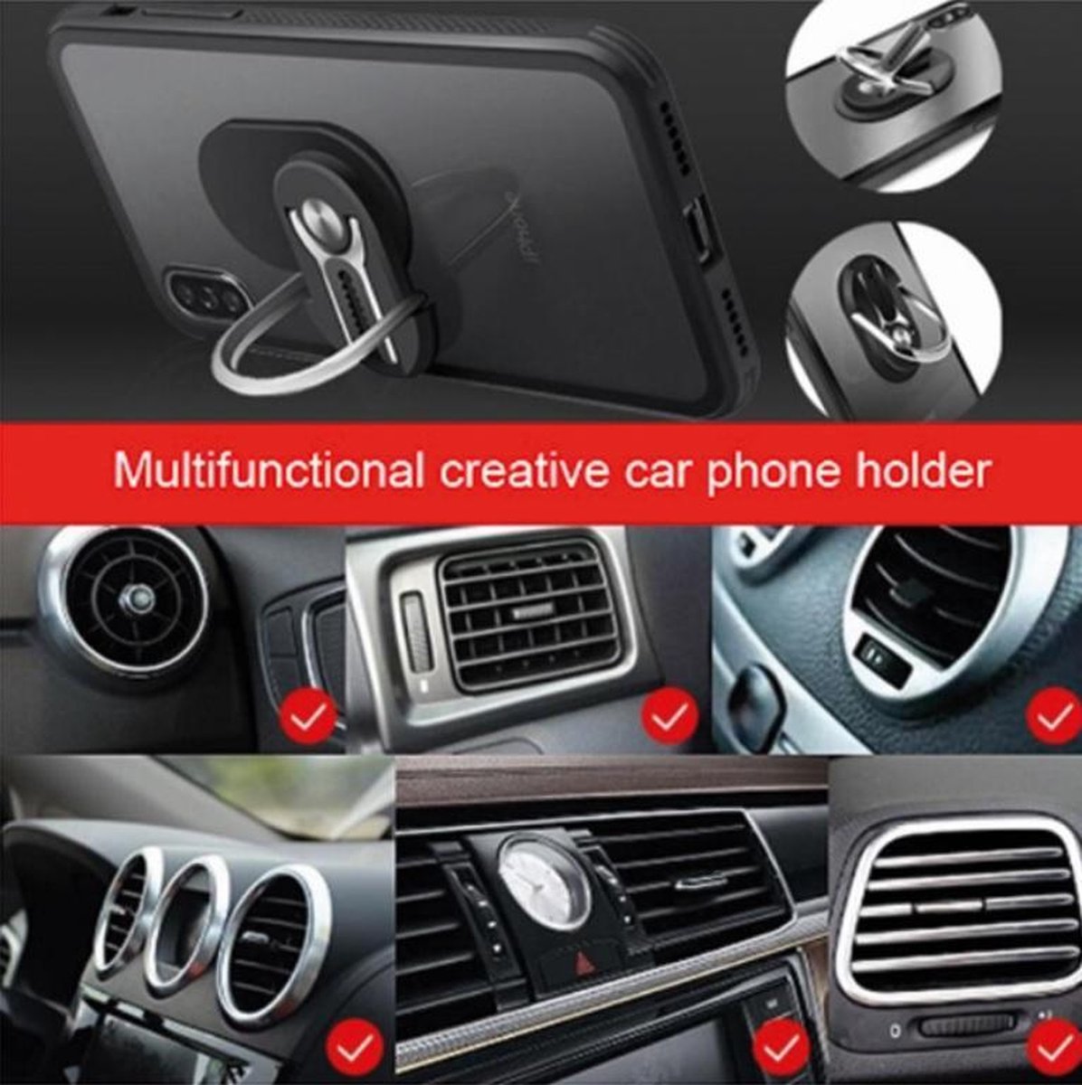 Multifunctionele zelfklevend clip telefoon houder, magneet, 360 graden auto ventilatie, draaibare vinger ring, auto accessoires, iPhone, Samsung, Huawei, Sony, LG (blauw) – foto 7
