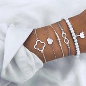 Joboly Set armbanden diamant pijl hartje 4 delig - Dames - Zilverkleurig - 18 cm
