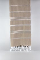 uit Turkije By Aquatolia Hamamdoek Kadyanda met Witte Strepen -  100% Zacht Katoen - Strandlaken - Handdoek - Beige - 100cm x 180cm - Originele hamamdoek uit Turkije