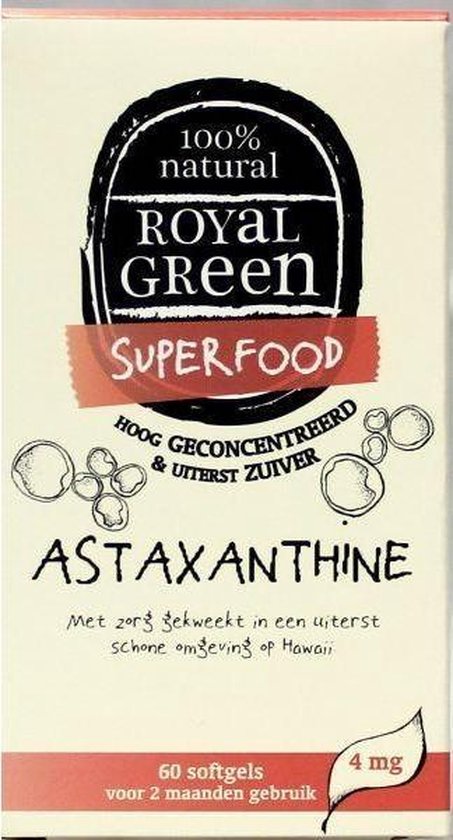 Doos met Royal Green Astaxanthine, 60 softgels, 4 mg. Gekweekt op Hawaii in een schone omgeving.