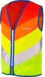 Veiligheidshesje met rits in chevron-patroon: oranje, geel, groen en reflecterende banen. WOWOW-logo op borst.