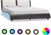 Bedframe Grijs Wit 140x200 cm Kunstleer met LED (Incl LW Led klok) - Bed frame met lattenbodem - Tweepersoonsbed Eenpersoonsbed