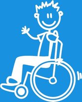 Jongen in rolstoel - autosticker - wit - 8,5 cm