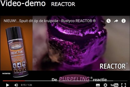 Video met spuitbus Rustyco REACTOR en paarse chemische reactie.
