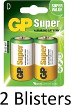 4 Stuks (2 Blisters a 2 st) GP Super Alkaline D Cell Batterijen
