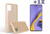 Samsung Galaxy A71 Hoesje - Siliconen Glitter Back Cover & Tempered Glass - Goud