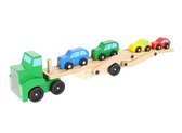Houten kinderspeelgoed - vrachtwagen met 4 x auto - autotransporter
