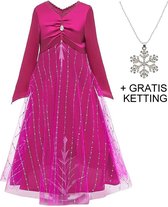 Elsa jurk roze Deluxe 104-110 (110) + GRATIS ketting Prinsessen jurk verkleedkleding