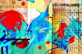 JJ-Art (Canvas) 60x40 | Poes als Mona Lisa met kind, kitten - geschilderde stijl - kunst- woonkamer - slaapkamer | Vrouw, dier, bruin, groen, blauw, modern | Foto schilderij print