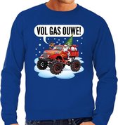 Foute Kersttrui / sweater - Santa op monstertruck / truck - vol gas ouwe - blauw voor heren - kerstkleding / kerst outfit L (52)