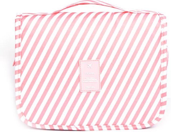 Reis Toilettas met Haak – Hangend Make Up Tasje – Luieretui - Ophangbare Verzorgingstas – Travel Organiser voor toiletartikelen Kamperen & Reizen met Ophanghaak – Toiletry Bag voor Vrouwen & Kinderen - Roze Gestreept - TravelPro