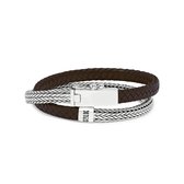 SILK Jewellery - Zilveren Wikkelarmband - Alpha - 344BRN.18 - bruin leer - Maat 18