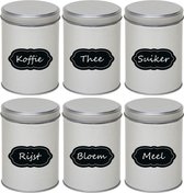 6x Boîtes de rangement rondes argentées / boîtes de rangement avec étiquettes / étiquettes inscriptibles 13 cm - Boîtes de rangement pour café / thé / sucre - Conteneurs de rangement - Organiser le garde-manger