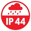 Rode cirkel met witte tekst "IP 44" en een symbool van regen.