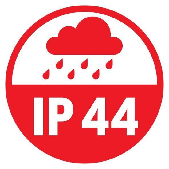 Rode cirkel met witte tekst "IP 44" en een symbool van regen.