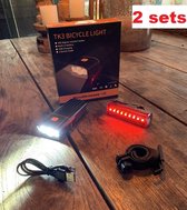 RJRQuality ( 2 SETS) Fietslamp voorlicht TK3 en achterlicht set mega sterk batterij led usb oplaadbaar 1500 L fiets verlichting zware li-ion accu powerbank iphone zaklamp fietslamp